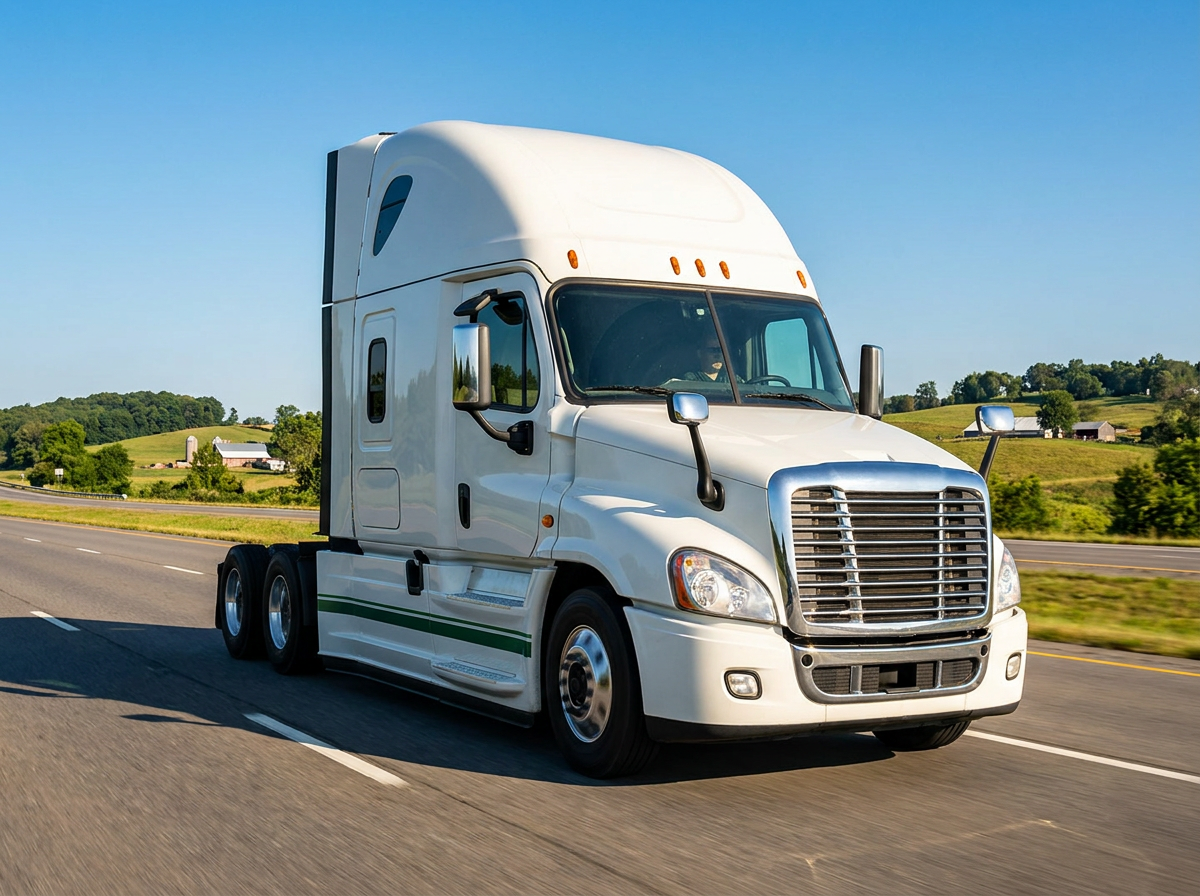 Modern semi-truck on an open American highway at sunset